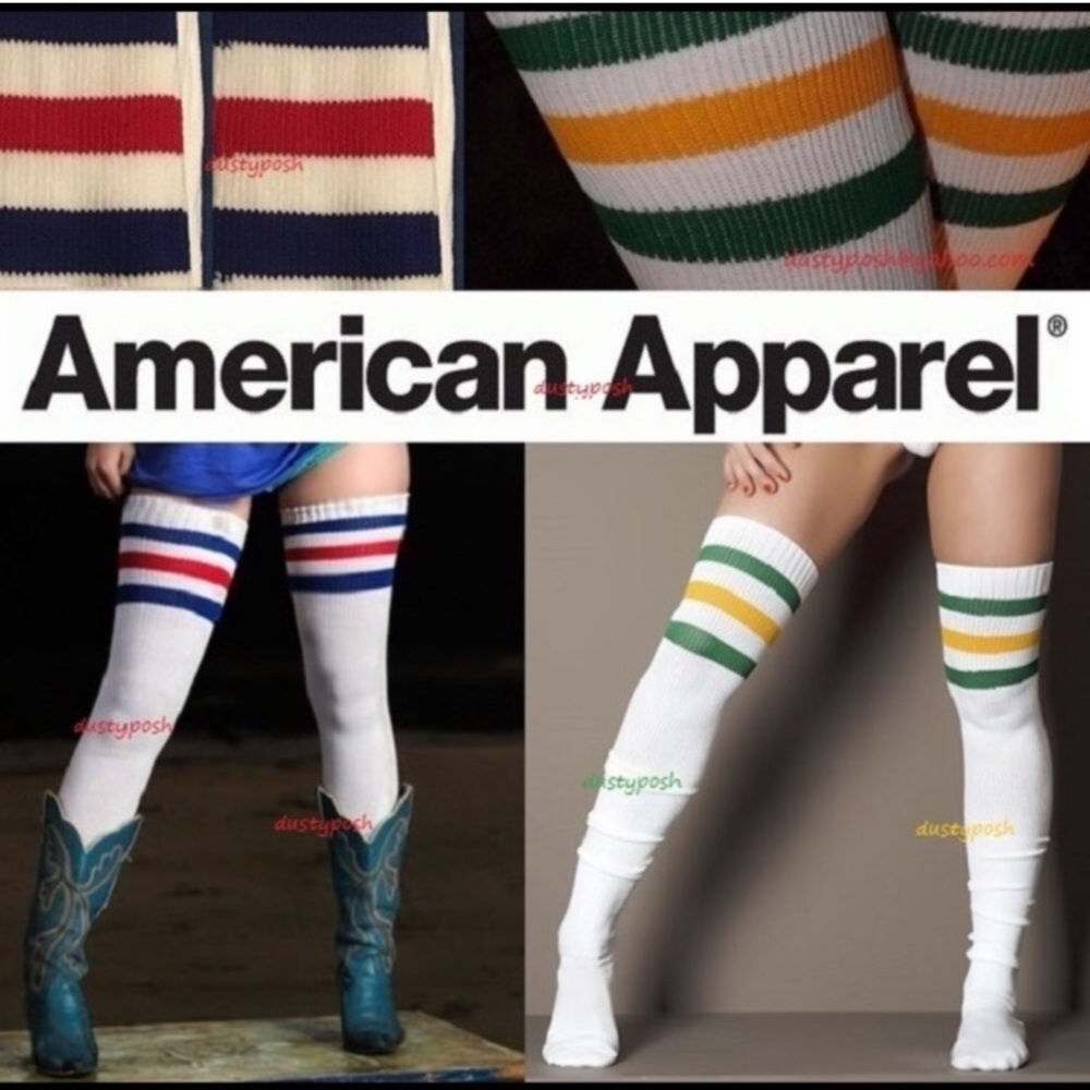 American Apparel Thigh High Socks White Green Gold Stripe Over The Knee OTK Boot